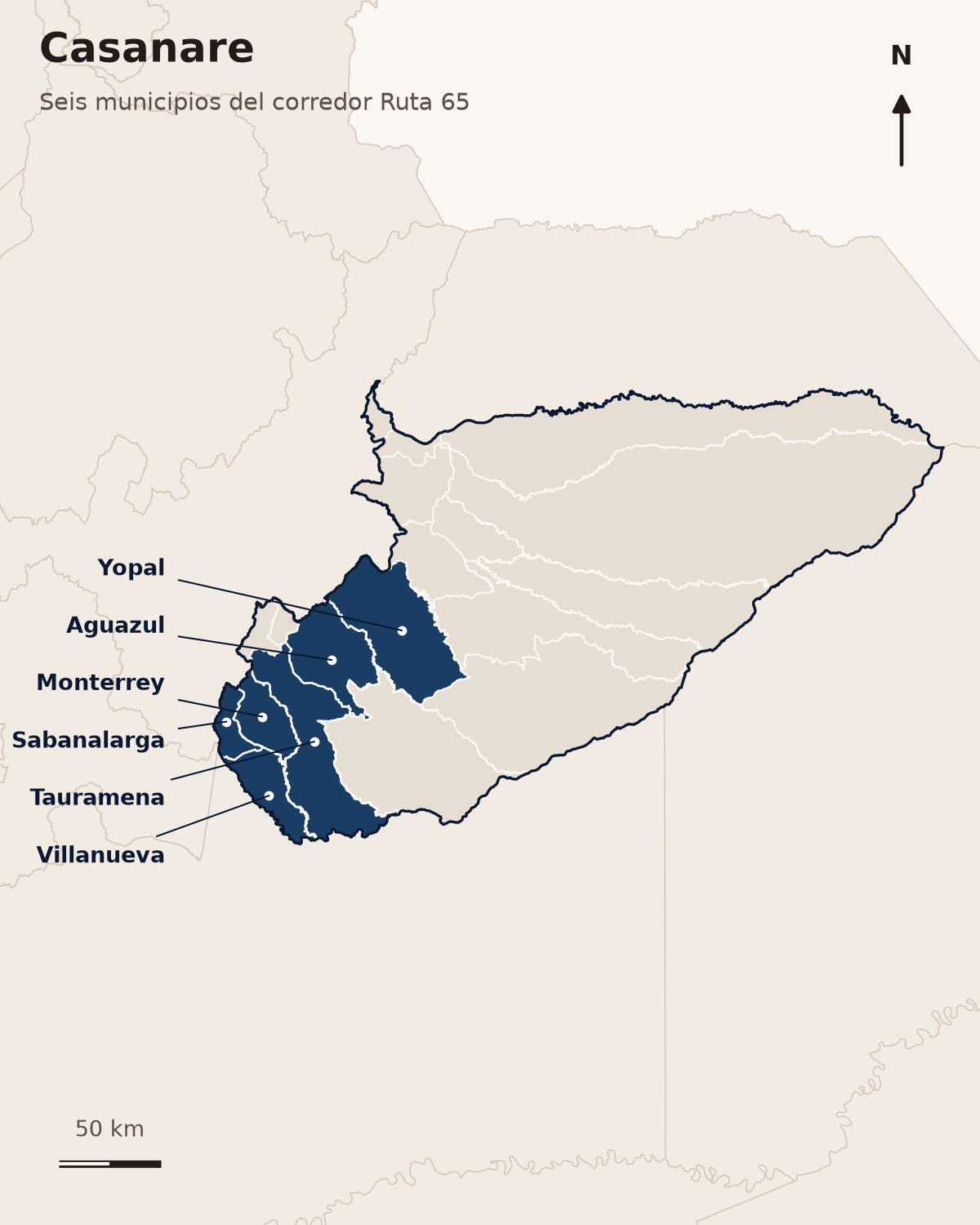 Mapa de Casanare con los seis municipios del corredor