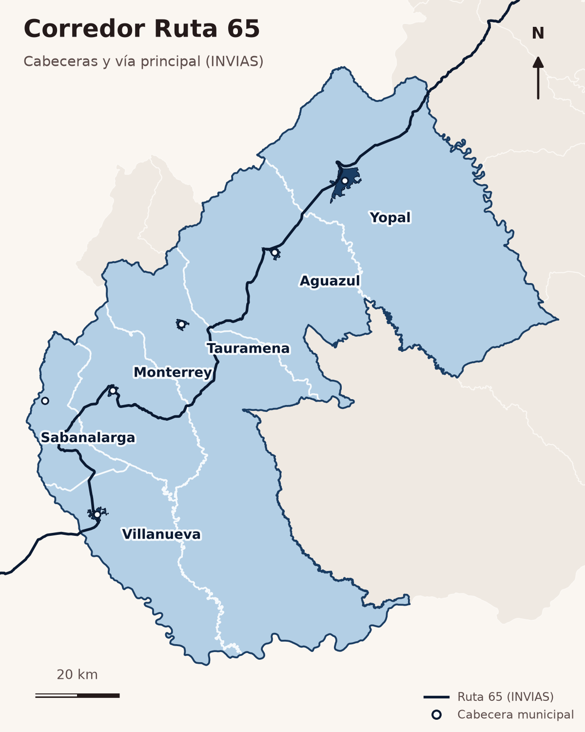 Mapa del corredor con cabeceras y Ruta 65